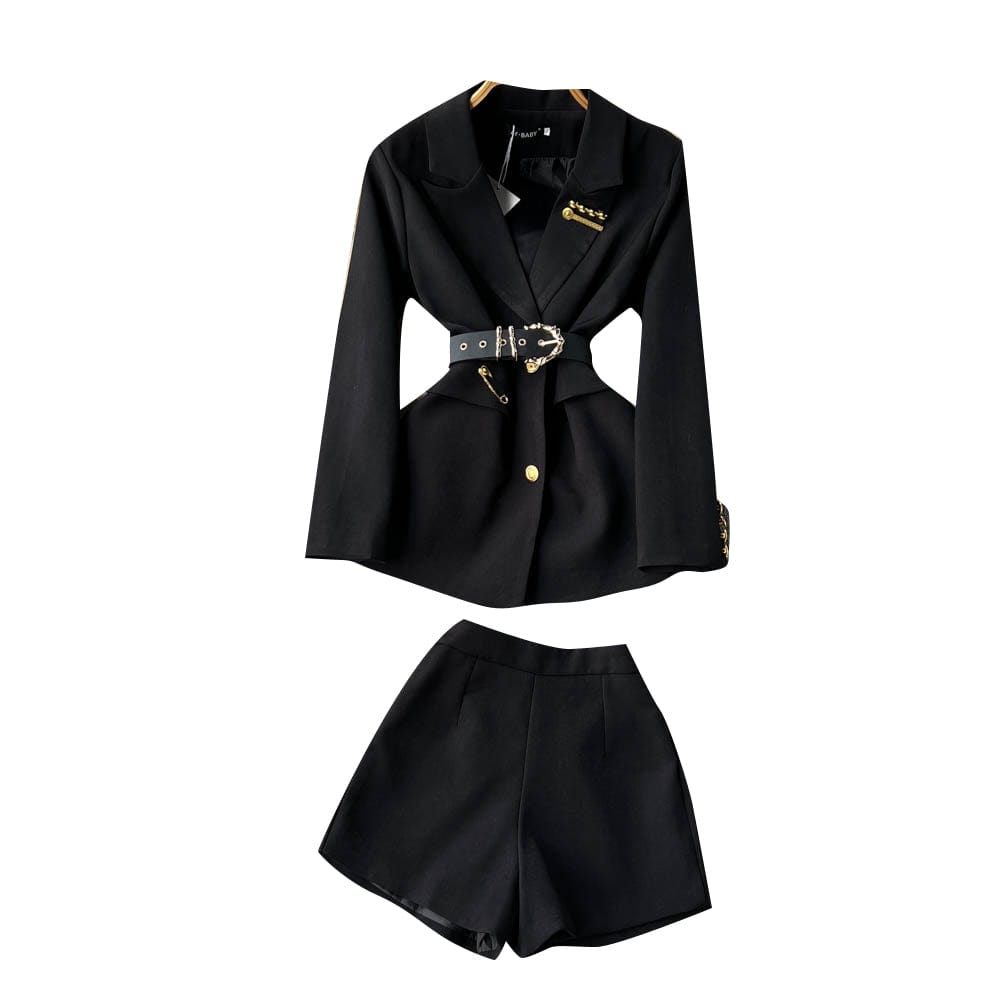 Chic suit women's temperament single breasted suit jacket+high waist wide leg shorts two-piece set