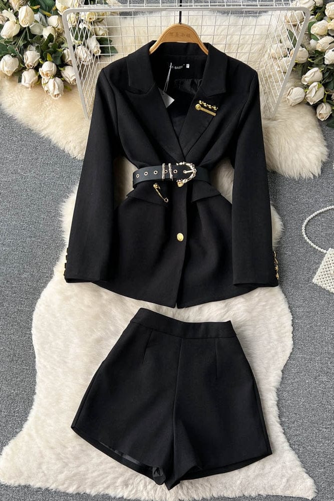 Chic suit women's temperament single breasted suit jacket+high waist wide leg shorts two-piece set