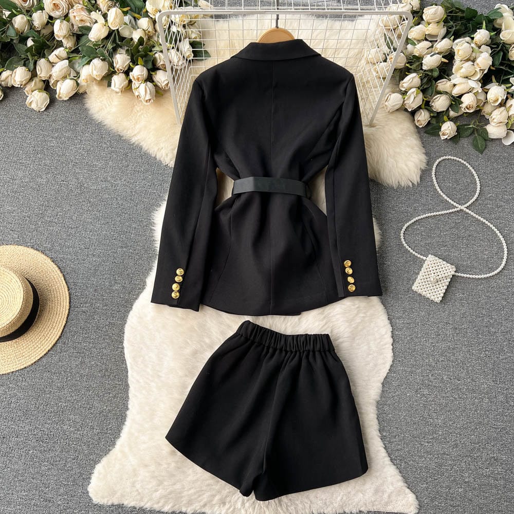 Chic suit women's temperament single breasted suit jacket+high waist wide leg shorts two-piece set