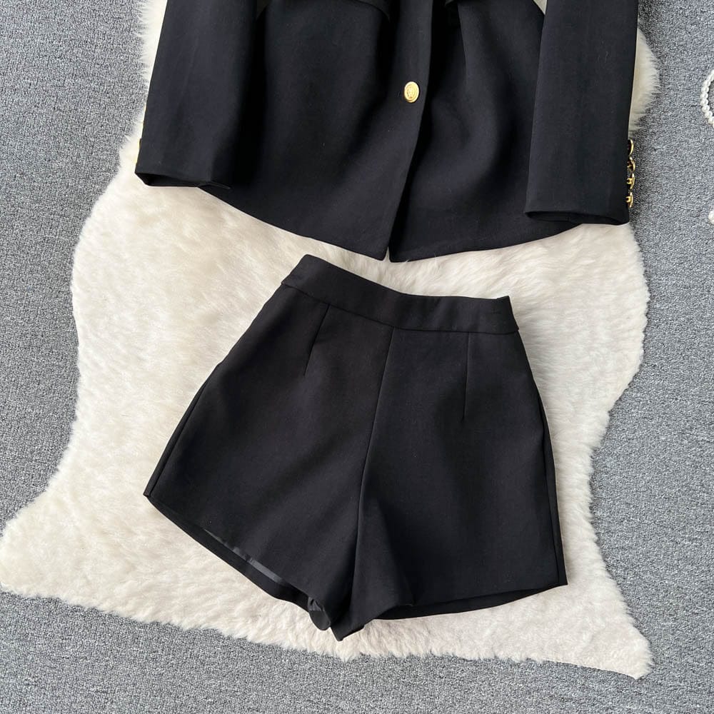 Chic suit women's temperament single breasted suit jacket+high waist wide leg shorts two-piece set