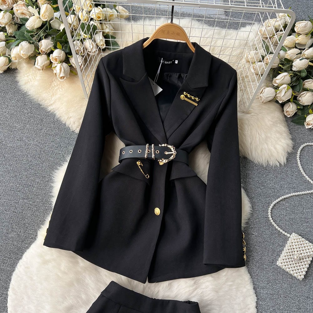Chic suit women's temperament single breasted suit jacket+high waist wide leg shorts two-piece set