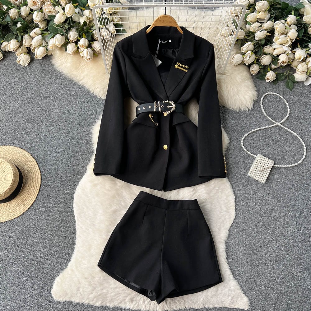 Chic suit women's temperament single breasted suit jacket+high waist wide leg shorts two-piece set