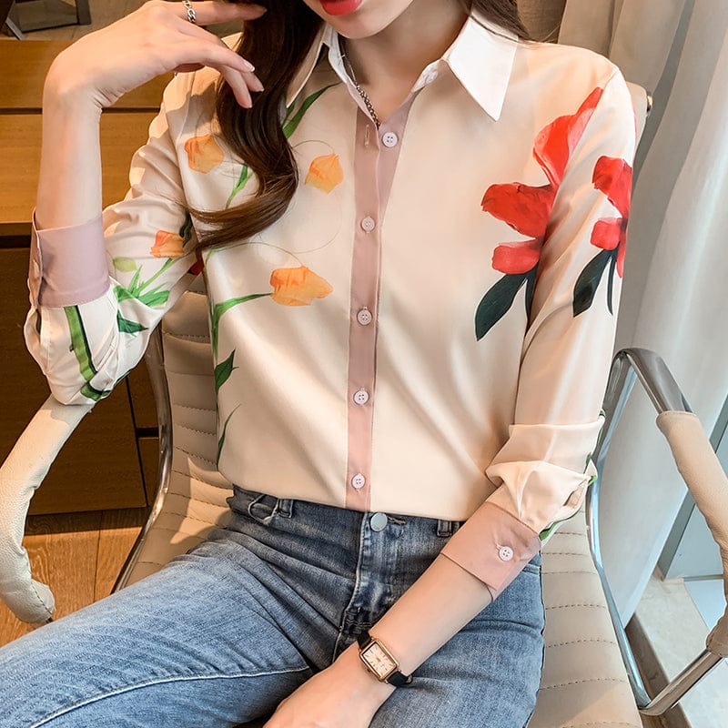 Chic Turn Down Collar Patchwork Single Breasted Floral Blouse Shirt Women Elegant Slim Office Shirts Ladies