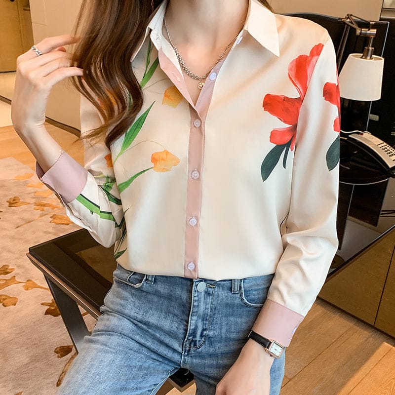Chic Turn Down Collar Patchwork Single Breasted Floral Blouse Shirt Women Elegant Slim Office Shirts Ladies
