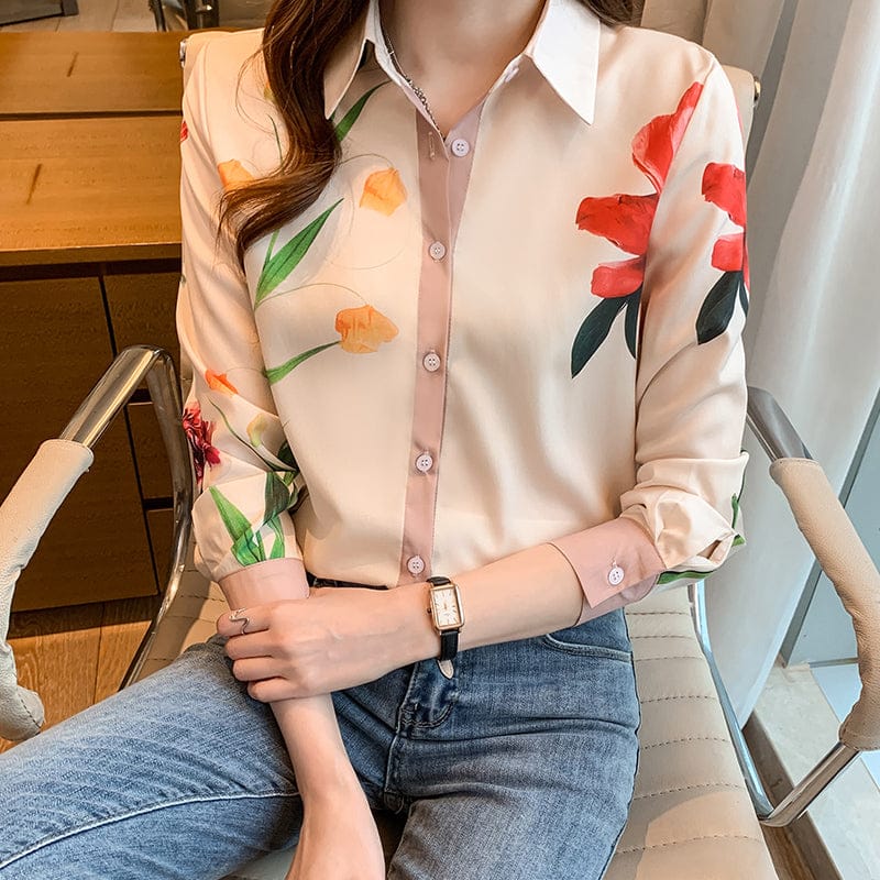 Chic Turn Down Collar Patchwork Single Breasted Floral Blouse Shirt Women Elegant Slim Office Shirts Ladies