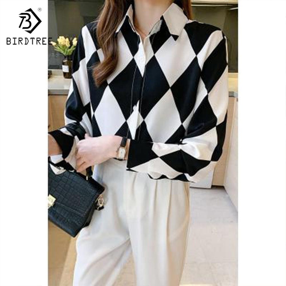 Chic Woman's Long Sleeve Geometry Printing Shirts Elegant Casual Blouses Workwear Chiffon Shirt Tops For Spring Autumn