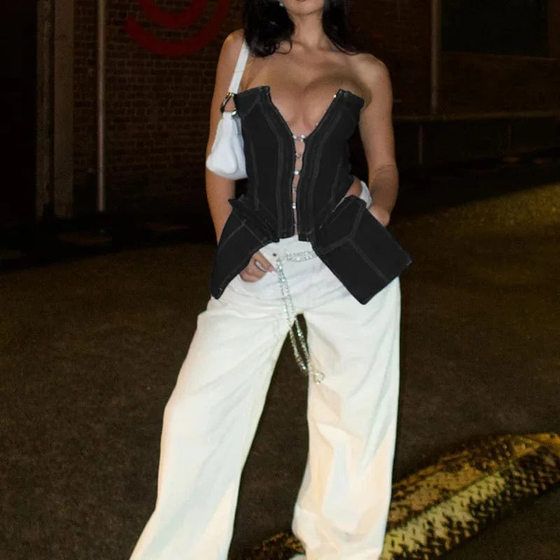 CHICEVER 2023 New Fashionable Black Denim Strapless Solid Color Slim Women Vest Top