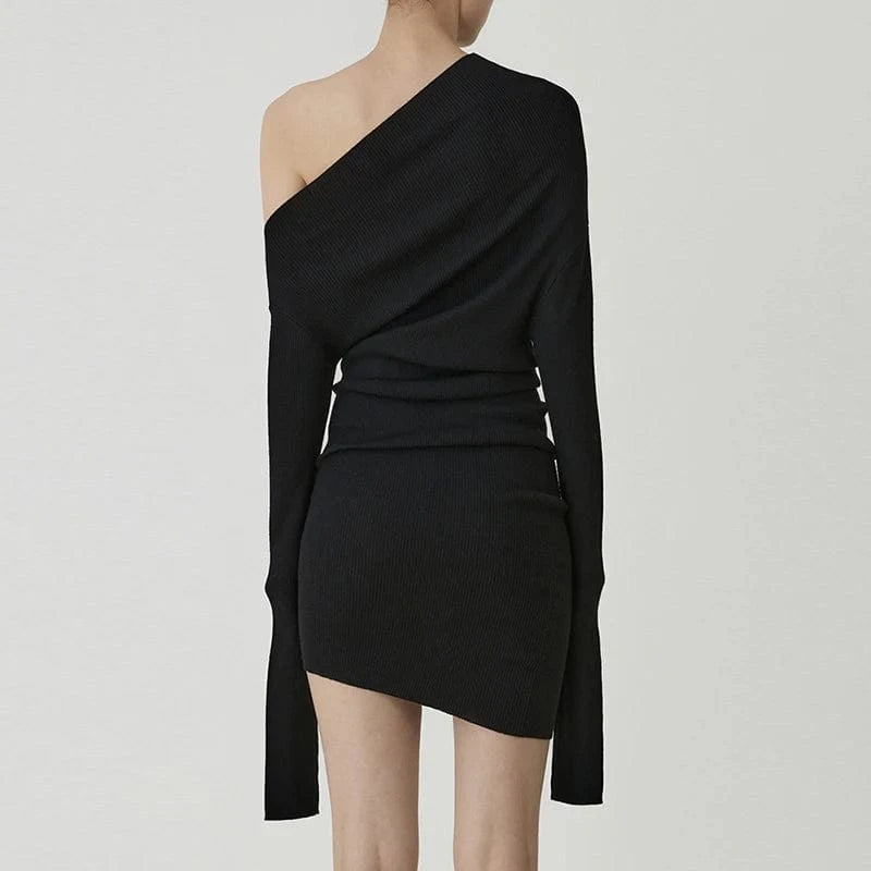 CHICEVER Casual Diagonal Collar Long Sleeve Solid Color Women Clothing Dresses 2023