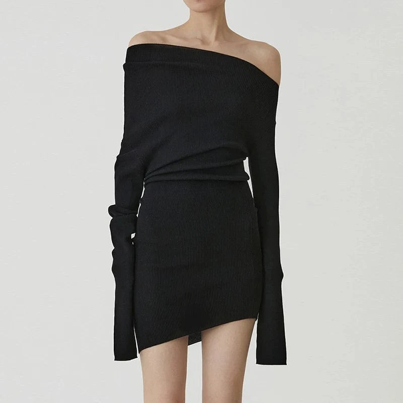 CHICEVER Casual Diagonal Collar Long Sleeve Solid Color Women Clothing Dresses 2023
