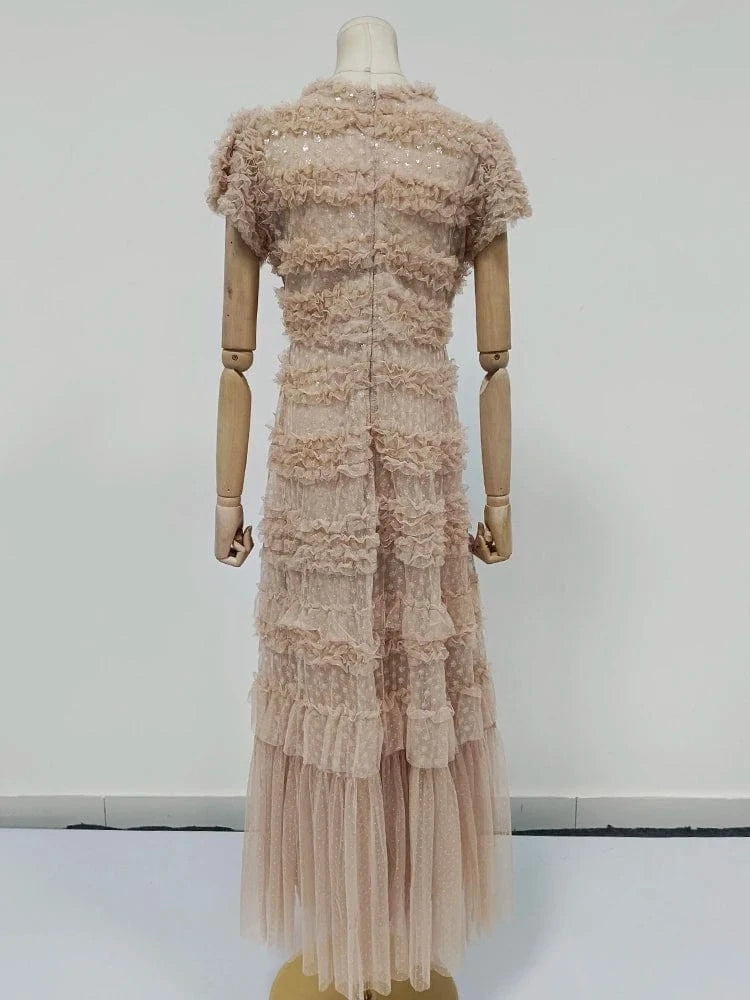 CHICEVER Casual Dresses V Neck Short Sleeve High Waist Patchwork Mesh Formal Dress For Women 2023