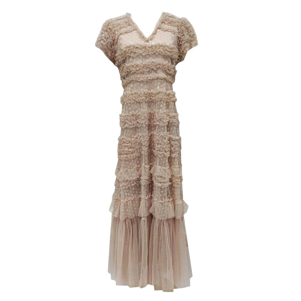 CHICEVER Casual Dresses V Neck Short Sleeve High Waist Patchwork Mesh Formal Dress For Women 2023