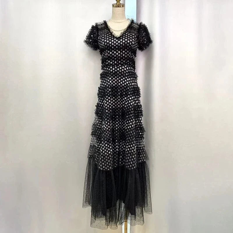 CHICEVER Casual Dresses V Neck Short Sleeve High Waist Patchwork Mesh Formal Dress For Women 2023