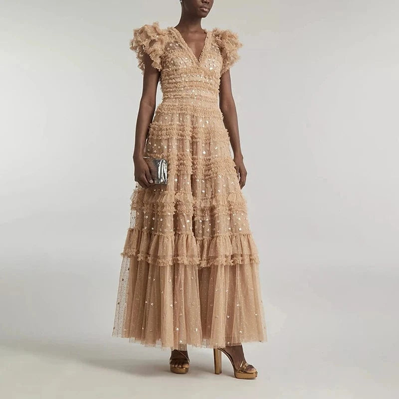 CHICEVER Casual Dresses V Neck Short Sleeve High Waist Patchwork Mesh Formal Dress For Women 2023