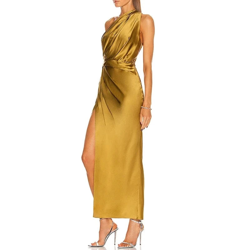 CHICEVER Casual Elegant Diagonal Collar Sleeveless High Waist Split Slimming Dresses Women Long Dress