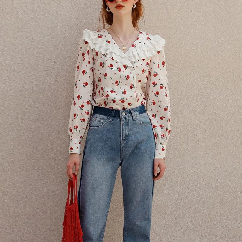 CHICEVER Casual Elegant Patchwork Ruffles V Neck Long Sleeve Double Breasted Blouses Lady Blouse For Women 2023