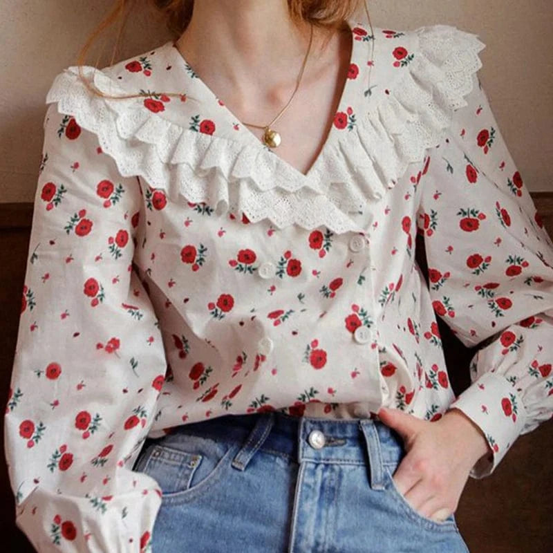 CHICEVER Casual Elegant Patchwork Ruffles V Neck Long Sleeve Double Breasted Blouses Lady Blouse For Women 2023