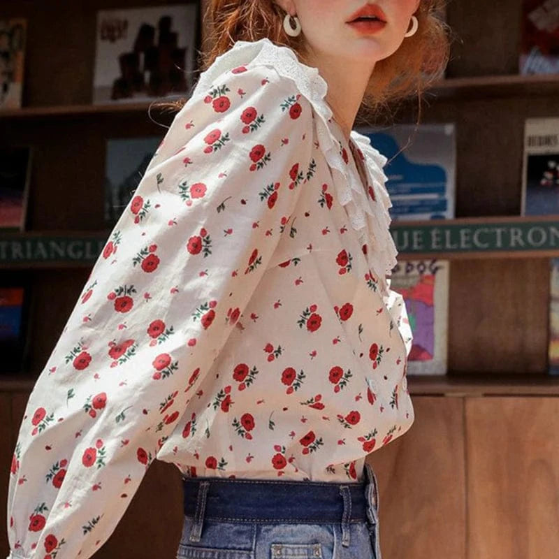 CHICEVER Casual Elegant Patchwork Ruffles V Neck Long Sleeve Double Breasted Blouses Lady Blouse For Women 2023