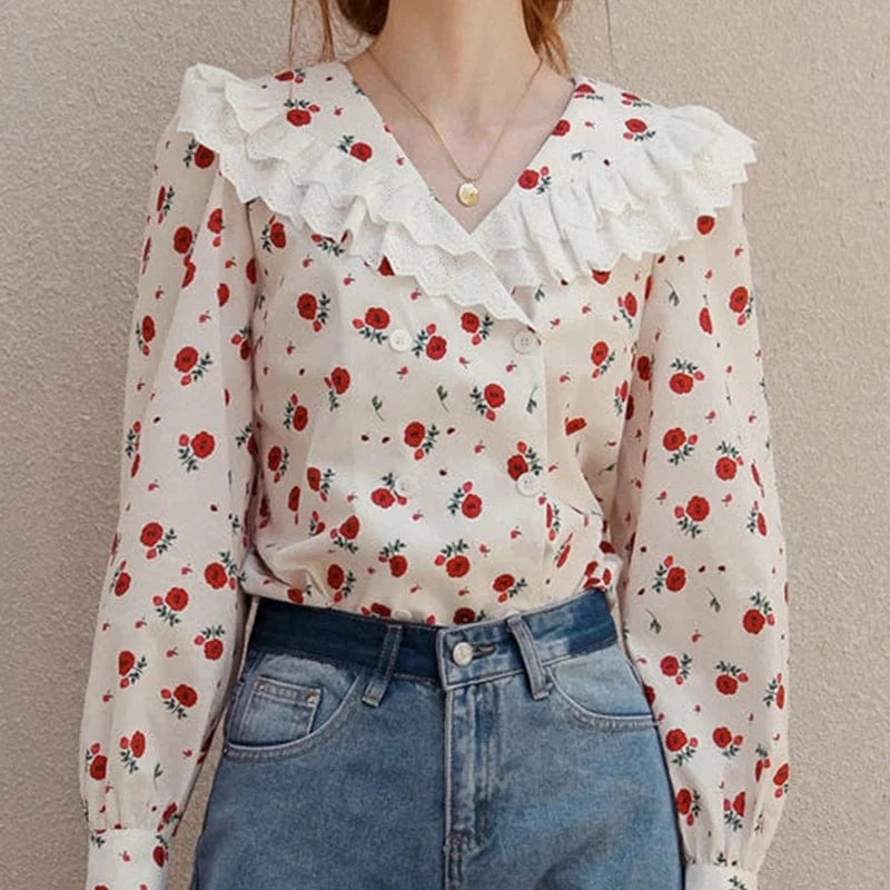 CHICEVER Casual Elegant Patchwork Ruffles V Neck Long Sleeve Double Breasted Blouses Lady Blouse For Women 2023