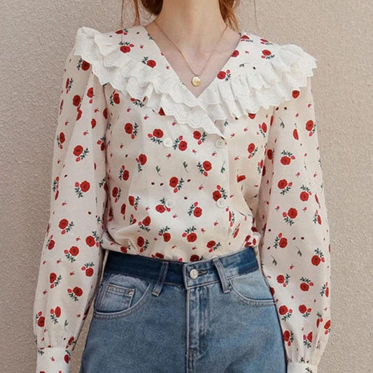 CHICEVER Casual Elegant Patchwork Ruffles V Neck Long Sleeve Double Breasted Blouses Lady Blouse For Women 2023