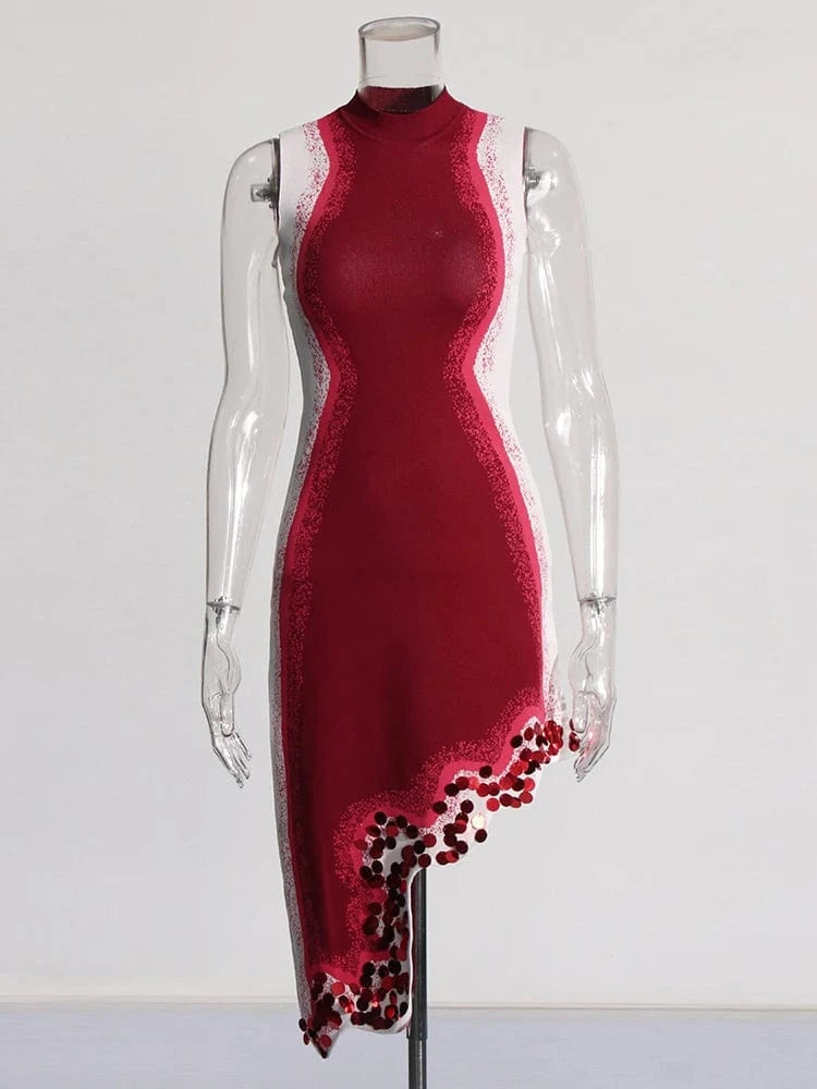 CHICEVER Casual Elegant Patchwork Sequins Hit Color Slim Dresses Women Dress 2023