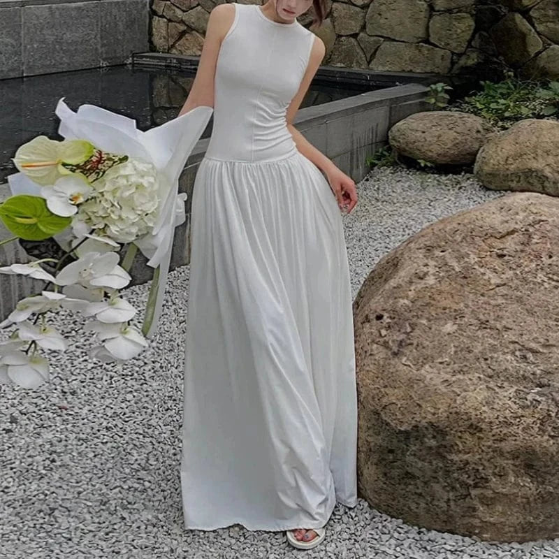 CHICEVER Casual Elegant Round Neck Sleeveless High Waist Spliced Pockets Lady Women Long Dresses