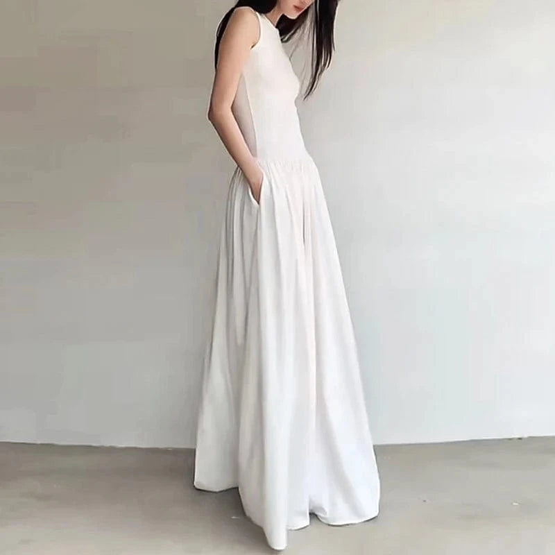 CHICEVER Casual Elegant Round Neck Sleeveless High Waist Spliced Pockets Lady Women Long Dresses