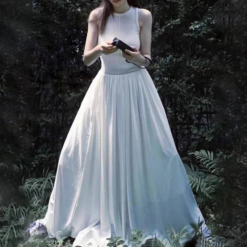 CHICEVER Casual Elegant Round Neck Sleeveless High Waist Spliced Pockets Lady Women Long Dresses