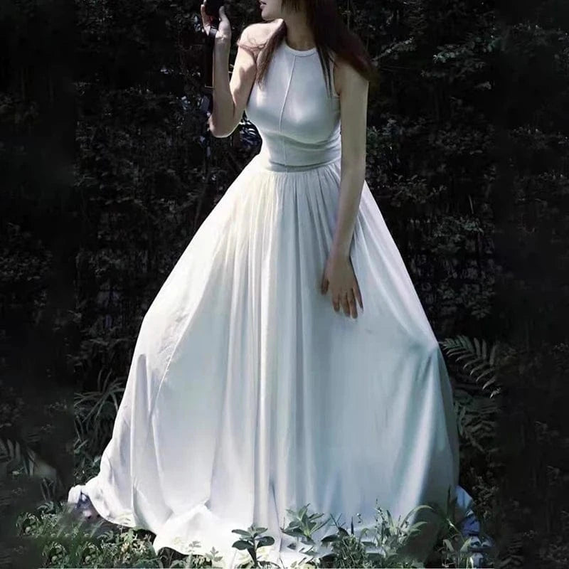 CHICEVER Casual Elegant Round Neck Sleeveless High Waist Spliced Pockets Lady Women Long Dresses