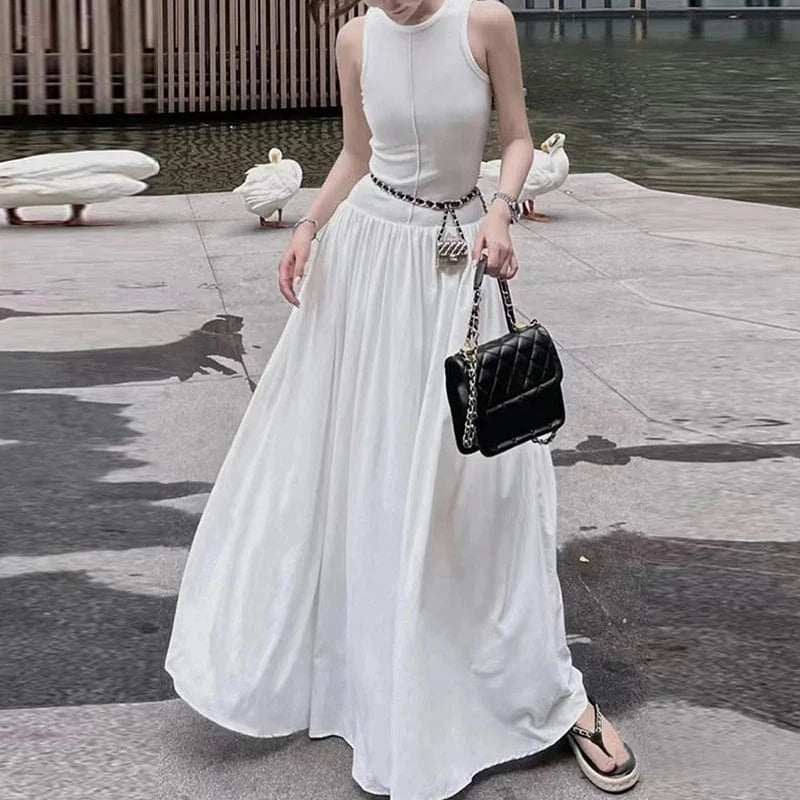 CHICEVER Casual Elegant Round Neck Sleeveless High Waist Spliced Pockets Lady Women Long Dresses