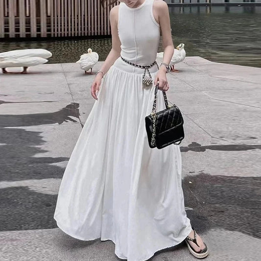 CHICEVER Casual Elegant Round Neck Sleeveless High Waist Spliced Pockets Lady Women Long Dresses