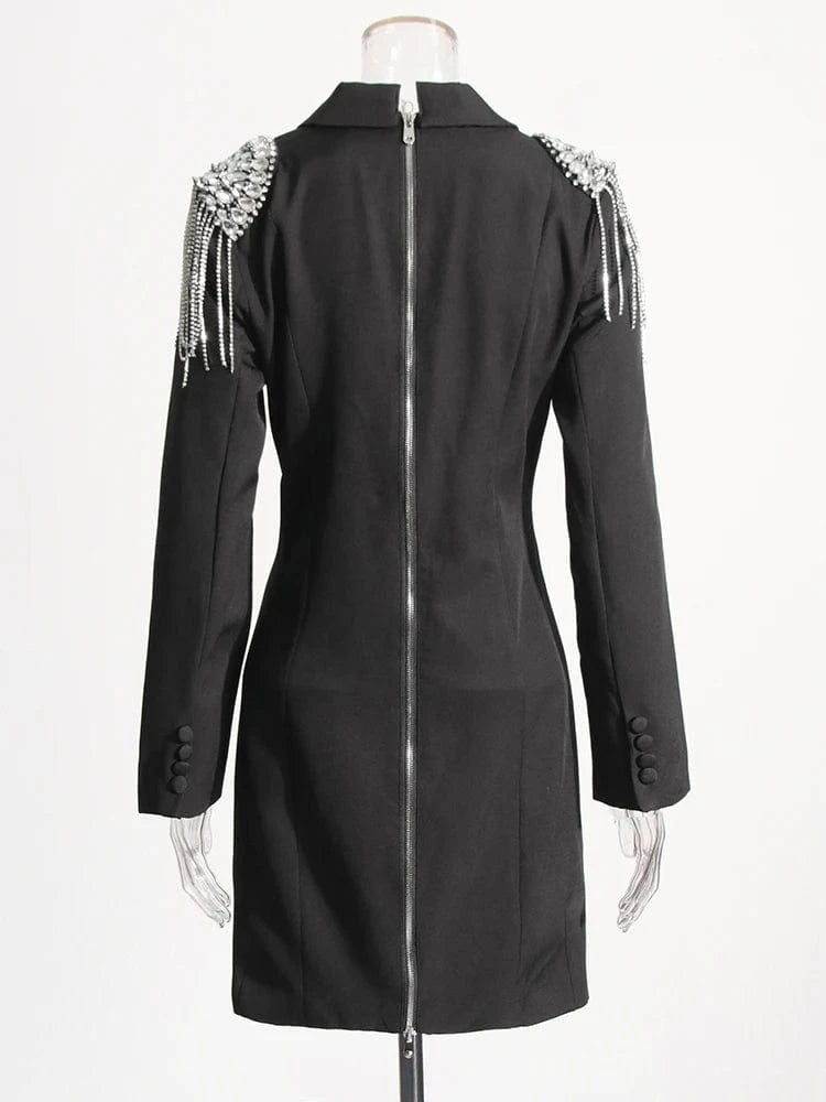 CHICEVER Casual Lady Elegant Spliced Diamonds Lapel Long Sleeve High Waist Blazer Dresses Women