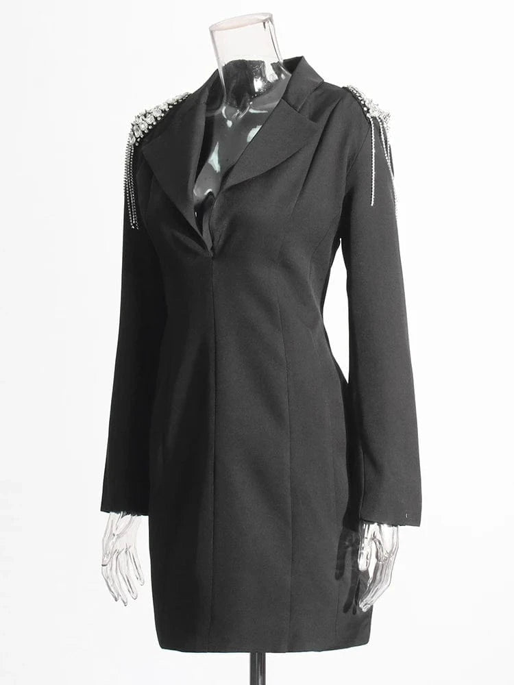 CHICEVER Casual Lady Elegant Spliced Diamonds Lapel Long Sleeve High Waist Blazer Dresses Women