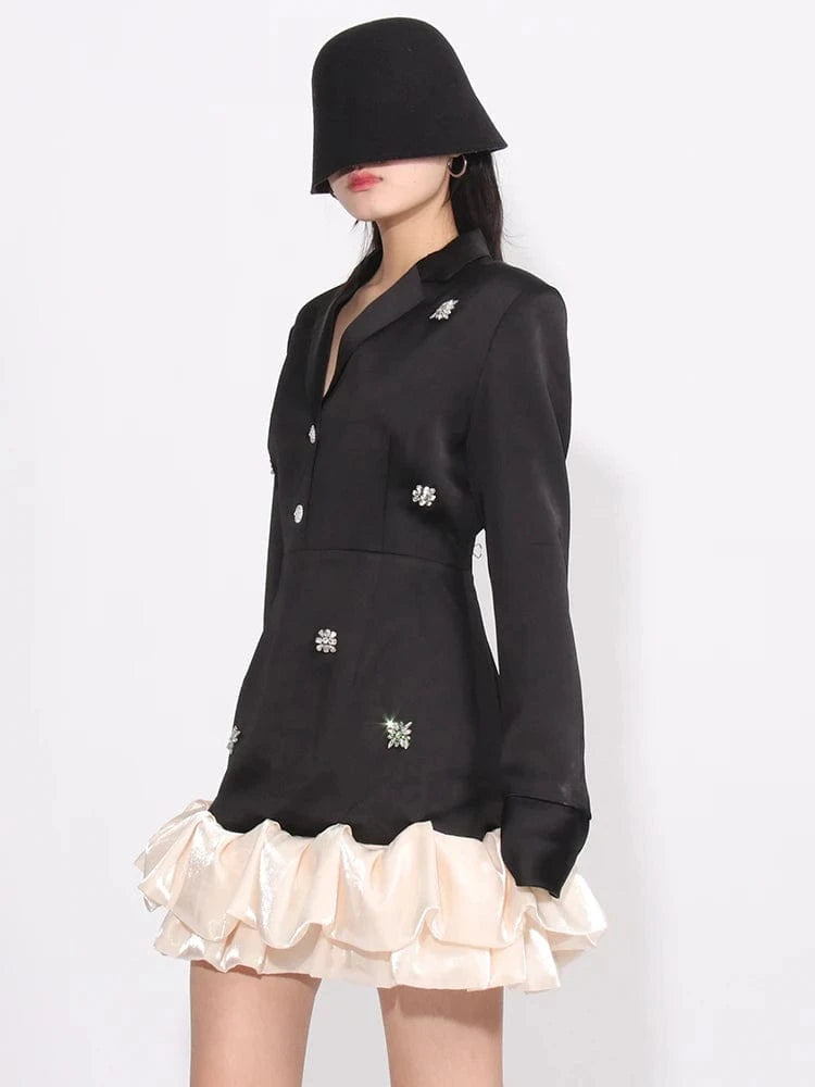 CHICEVER Casual Lapel Long Sleeve High Waist Patchwork Diamonds Colorblock Dresses For Women