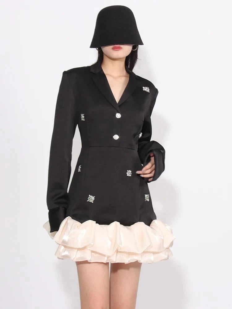 CHICEVER Casual Lapel Long Sleeve High Waist Patchwork Diamonds Colorblock Dresses For Women