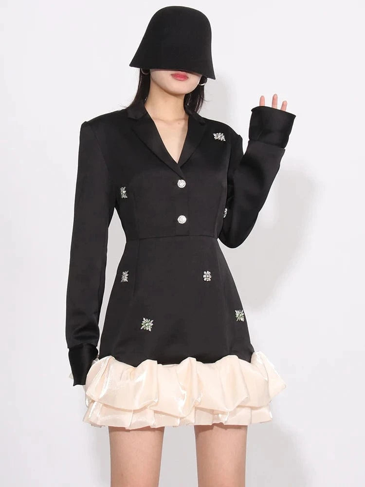 CHICEVER Casual Lapel Long Sleeve High Waist Patchwork Diamonds Colorblock Dresses For Women