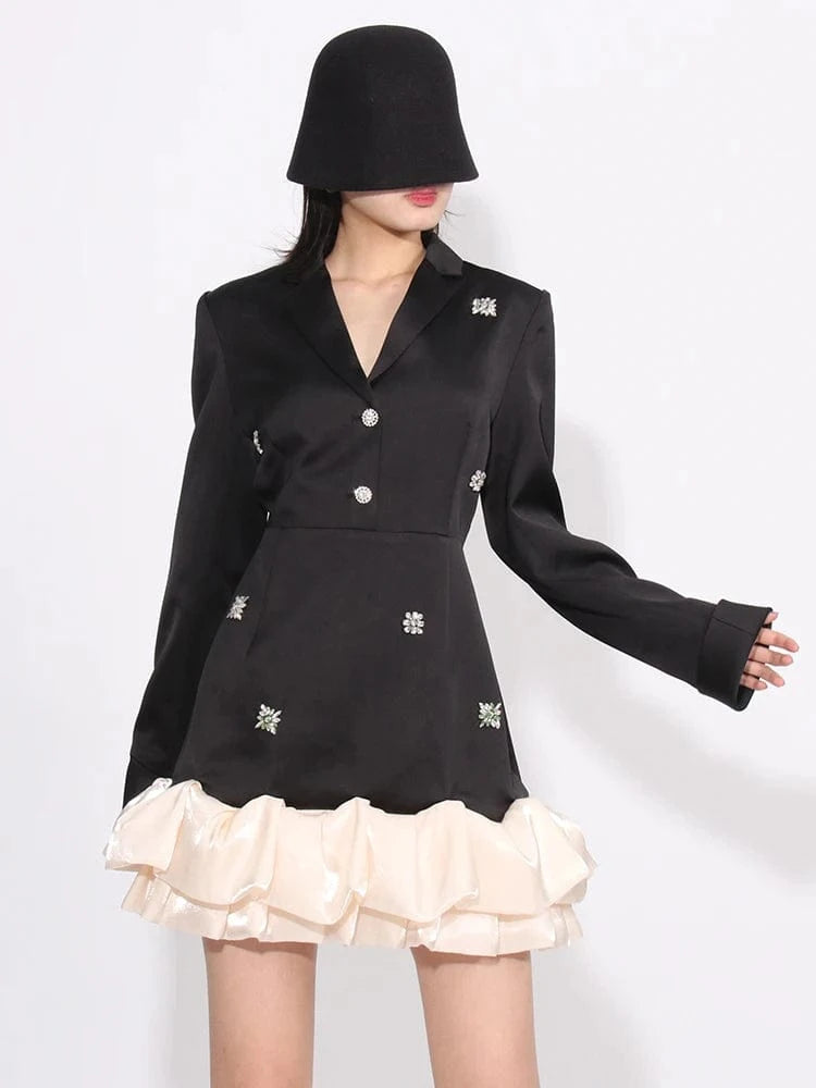 CHICEVER Casual Lapel Long Sleeve High Waist Patchwork Diamonds Colorblock Dresses For Women