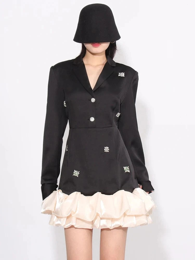 CHICEVER Casual Lapel Long Sleeve High Waist Patchwork Diamonds Colorblock Dresses For Women