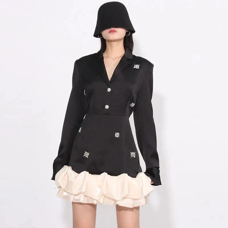 CHICEVER Casual Lapel Long Sleeve High Waist Patchwork Diamonds Colorblock Dresses For Women