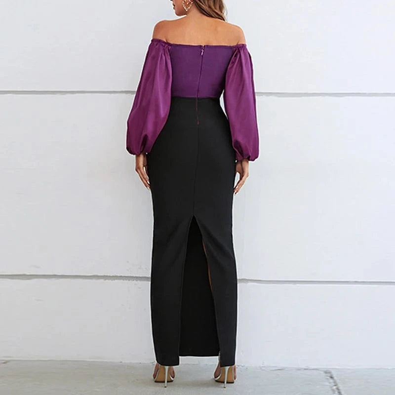 CHICEVER Casual Long Dress Slash Neck Lantern Sleeve High Waist Dresses For Women 2023