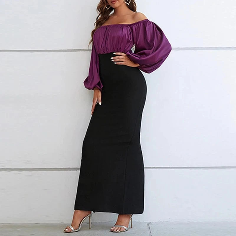 CHICEVER Casual Long Dress Slash Neck Lantern Sleeve High Waist Dresses For Women 2023