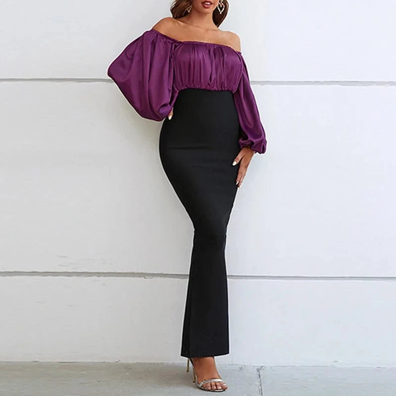 CHICEVER Casual Long Dress Slash Neck Lantern Sleeve High Waist Dresses For Women 2023