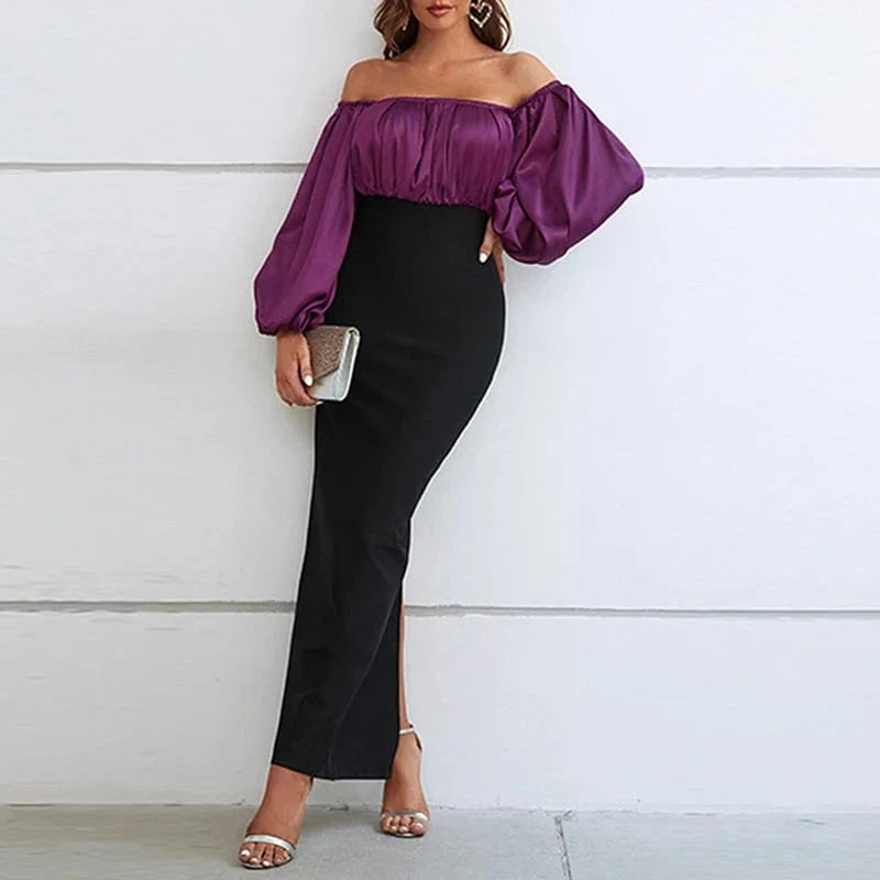 CHICEVER Casual Long Dress Slash Neck Lantern Sleeve High Waist Dresses For Women 2023