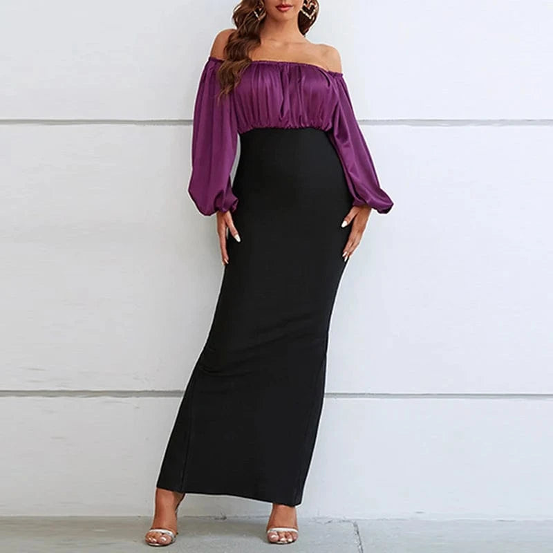 CHICEVER Casual Long Dress Slash Neck Lantern Sleeve High Waist Dresses For Women 2023