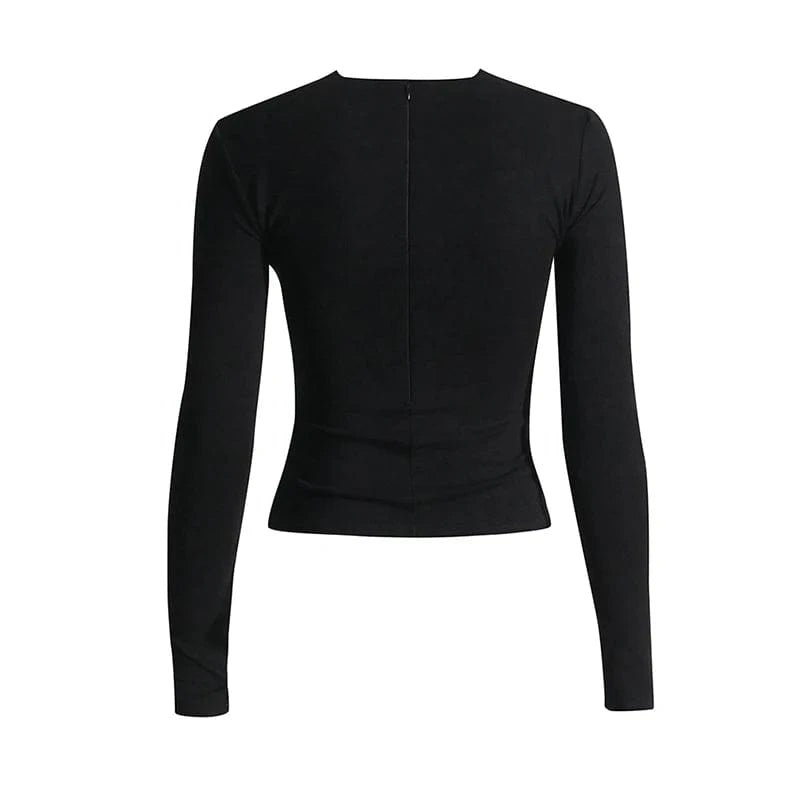 CHICEVER Casual Patchwork Metal Buckle Crisscross Cotton Long Sleeve T Shirt For Women