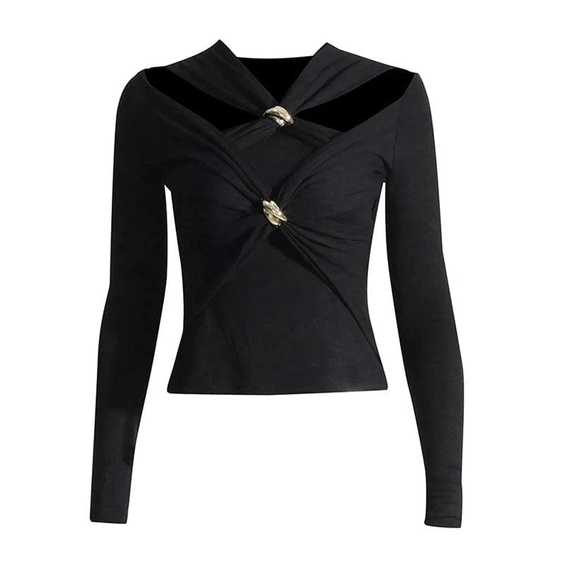 CHICEVER Casual Patchwork Metal Buckle Crisscross Cotton Long Sleeve T Shirt For Women