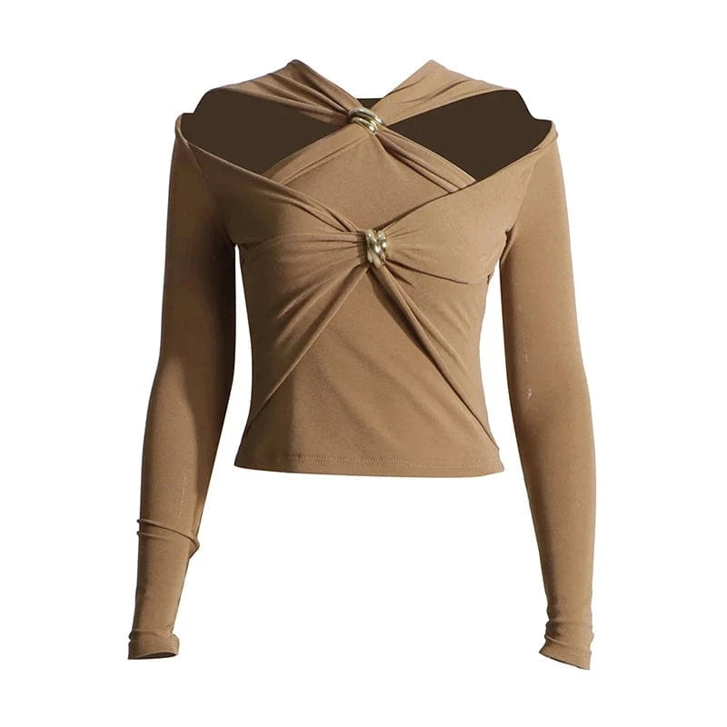 CHICEVER Casual Patchwork Metal Buckle Crisscross Cotton Long Sleeve T Shirt For Women