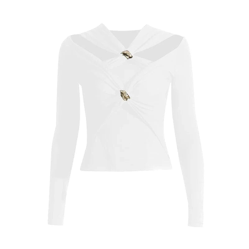 CHICEVER Casual Patchwork Metal Buckle Crisscross Cotton Long Sleeve T Shirt For Women