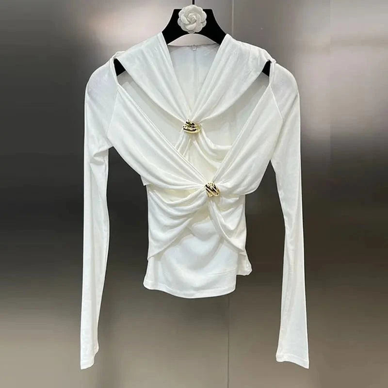 CHICEVER Casual Patchwork Metal Buckle Crisscross Cotton Long Sleeve T Shirt For Women