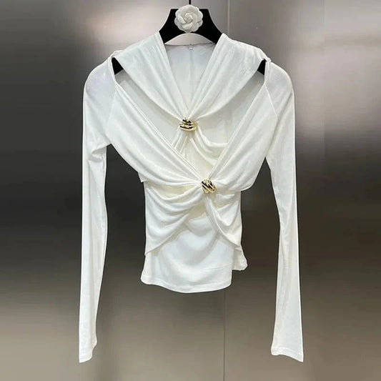 CHICEVER Casual Patchwork Metal Buckle Crisscross Cotton Long Sleeve T Shirt For Women