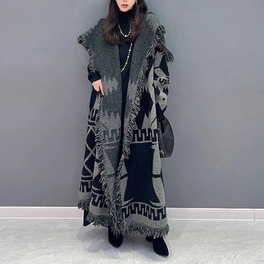 CHICEVER Casual Print Colorblock Lapel Long Sleeve Patchwork Tassels Knitted Women Sweater 2023